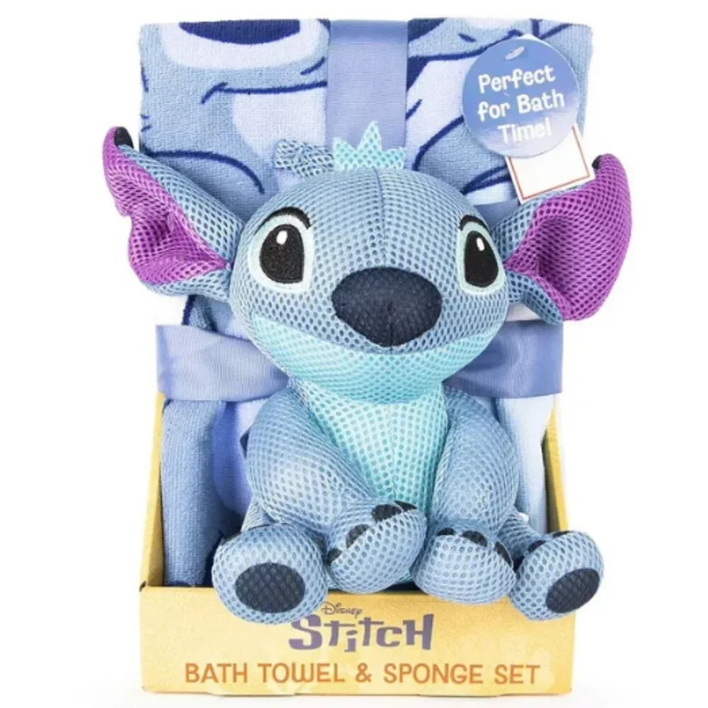 Disney Stitch Bath Towel & Sponge Set Kids Bath Buddy Plush Gift Set NWT